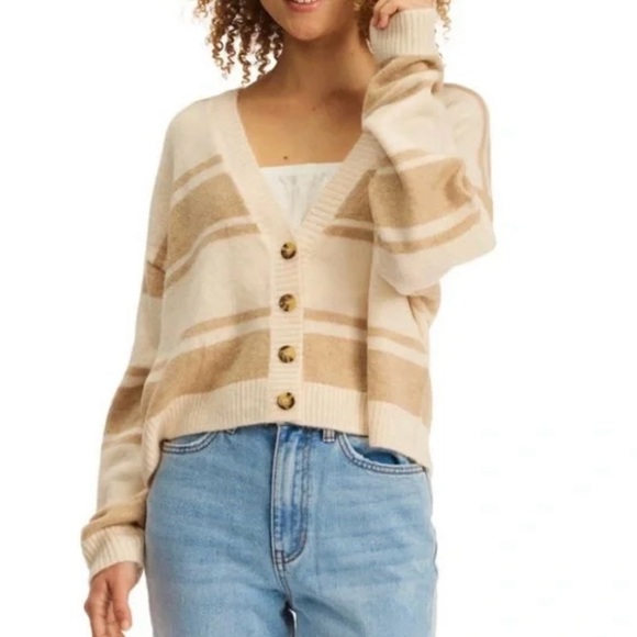 Billabong Striped Beige Cardigan Sweater - Picture 1 of 9